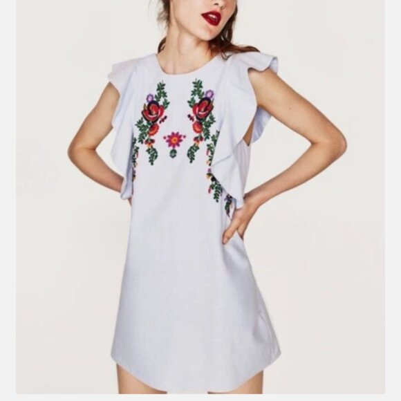 Zara Floral Embroidered Blue Cotton Flutter Sleeve Sun Dress with Pockets S - Picture 1 of 8